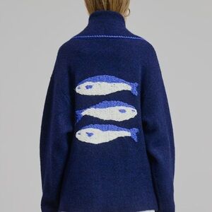 King's LandingNavy Blue Embroidered Fish Pattern Sweater
